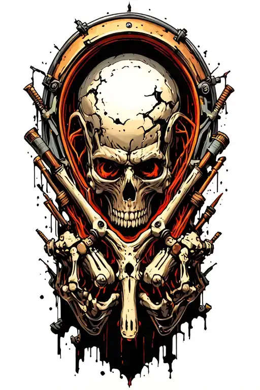 the inside of the forearm is visible through eroded Skin and reveals drum sticks instead of bones and cyborg machinery tattoo design idea