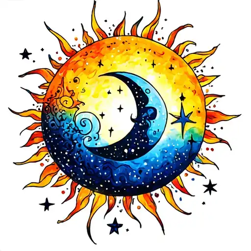 sun , moon, and stars colorful tattoo design idea