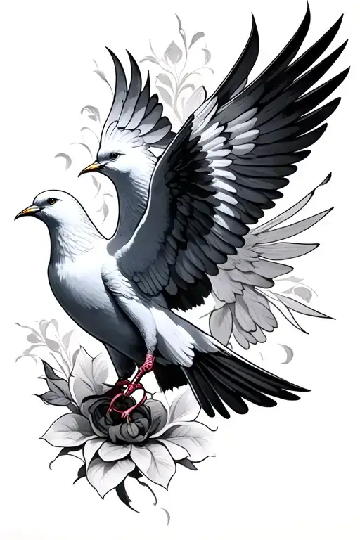 Realistic black and grey tattoo design, highly detailed shading, sacred and spiritual theme. At the top, majestic doves  tattoo design idea