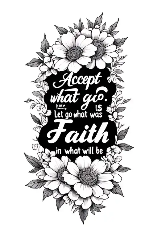 Accept what is, let go of what was, have faith in what will be’ written horizontal surrounded by flowers tattoo design idea