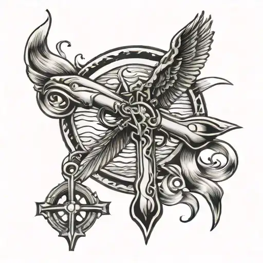 wooden cross with shotgun, fish hook and ducks in the background tattoo design idea