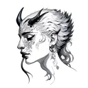 japanese devil whispering in ear and Angel whispering in other ear black and grey neck piece  tattoo design idea