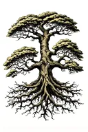 yggdrasil tree with big beautiful branches and interwoven roots tattoo design idea