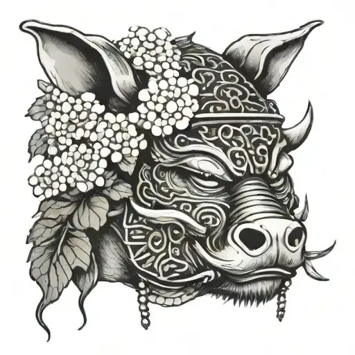 samurai helmet boar with hydrangea flower tattoo design idea