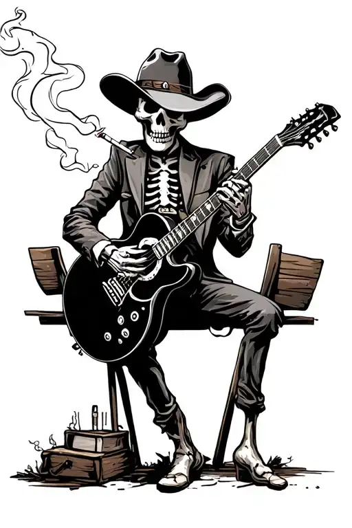 cowboy skeleton playing guitar smoking cigarette tattoo design idea