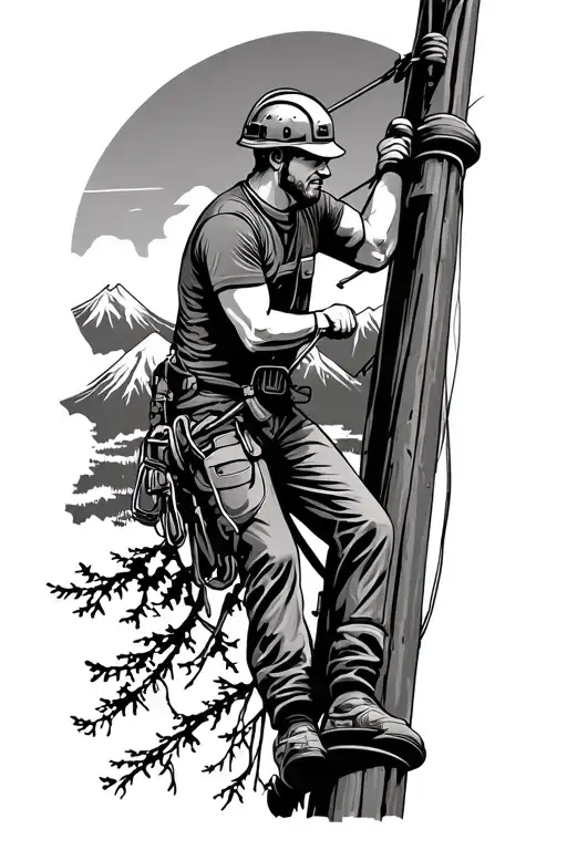 A powerline technician climbing a pole, with mountains and tree in the background tattoo design idea