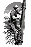 A powerline technician climbing a pole, with mountains and tree in the background tattoo design idea