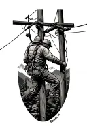A powerline technician climbing a pole, with mountains and tree in the background tattoo design idea