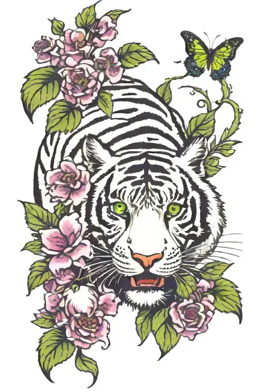 white tiger with green ivy and purple flowers tattoo design idea