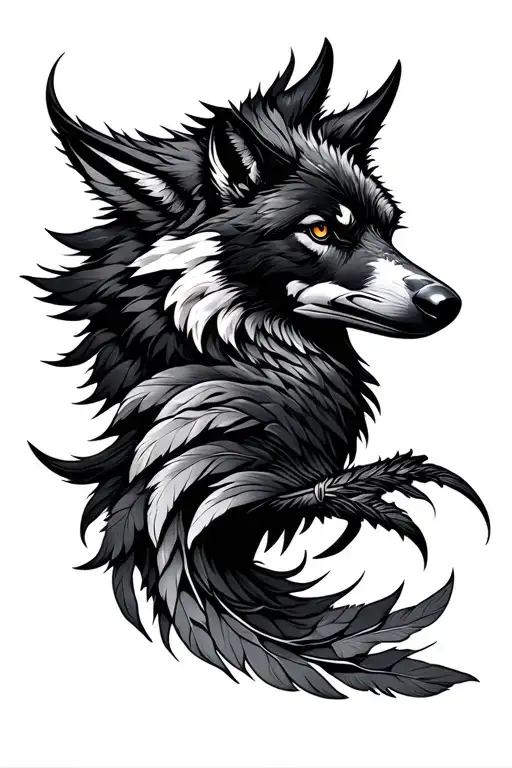 Wolf and Raven feathers swirling in the wind, Nordic runes  tattoo design idea