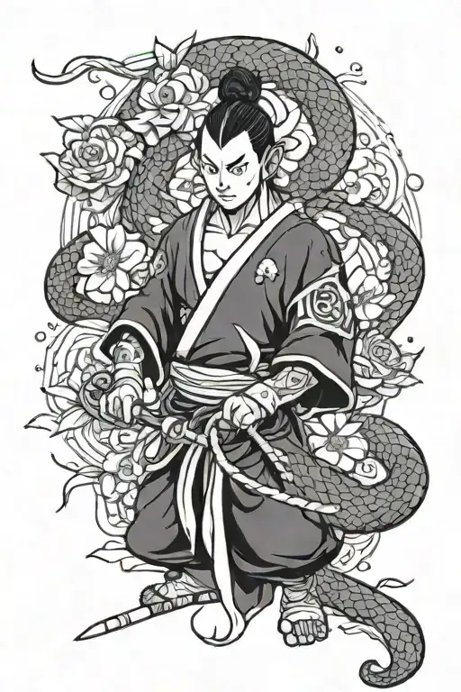 Kiyoshi warrior from avatar the last air bender, simple line sketch style with flowers and/or a snake in the background  tattoo design idea