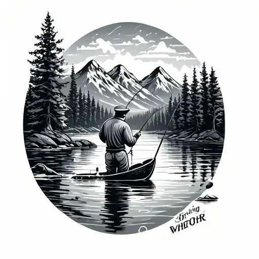 fishing on a river in the woods in front of the mountains tattoo design idea