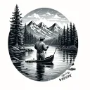 fishing on a river in the woods in front of the mountains tattoo design idea