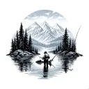 fishing on a river in the woods in front of the mountains tattoo design idea
