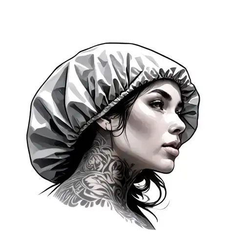 Attractive woman wearing shower cap covering and containing all of her hair tattoo design idea