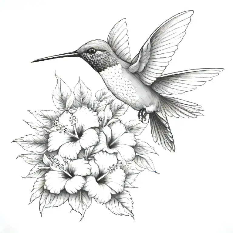 hummingbird with hibiscus and tropical leaves tattoo design idea