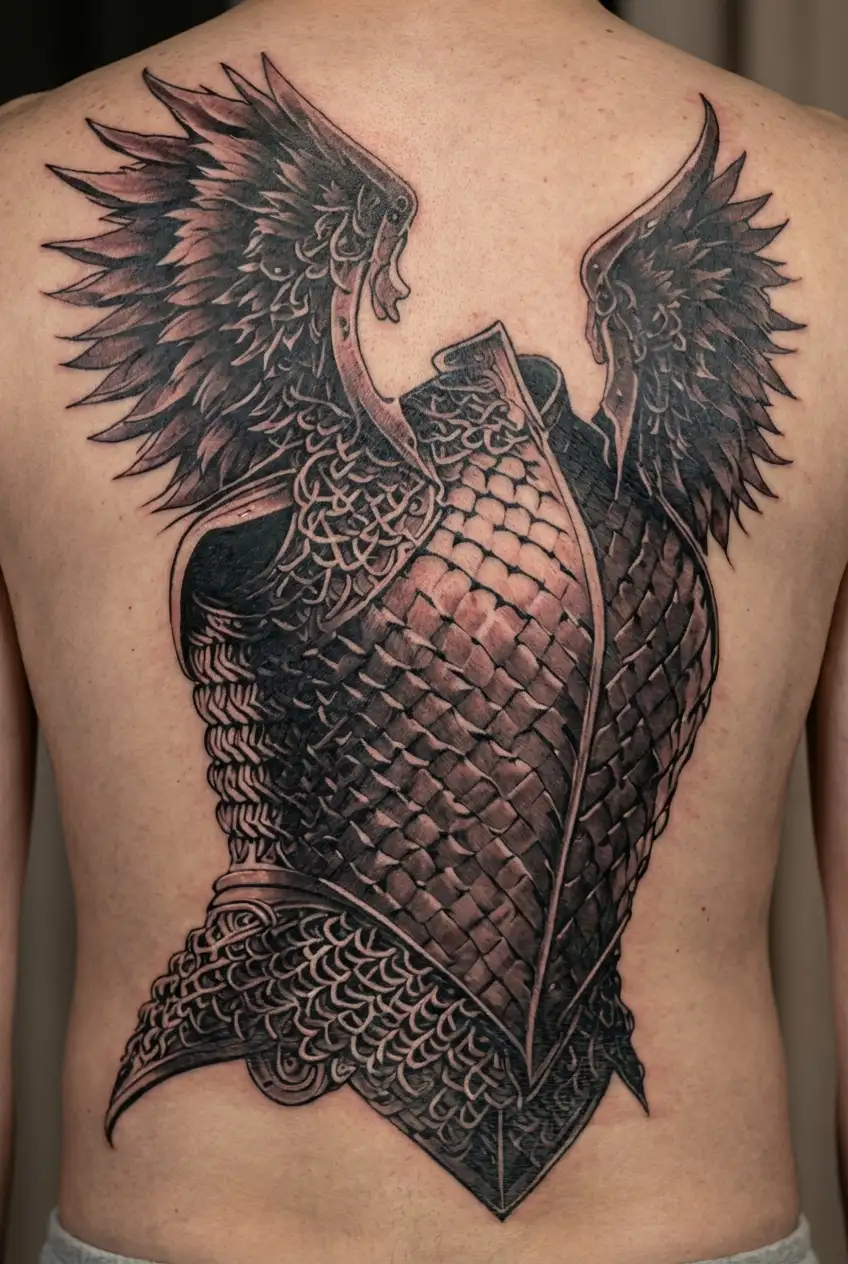 Celtic chain mail Roman shoulder armor tattoo design idea