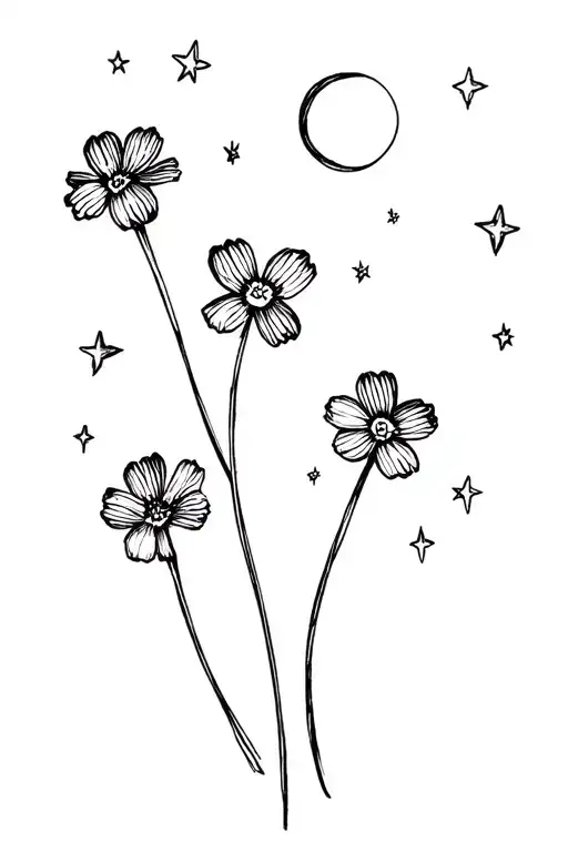 3 small forget me know flowers with long straight stems with tiny stars and moons around them tattoo design idea