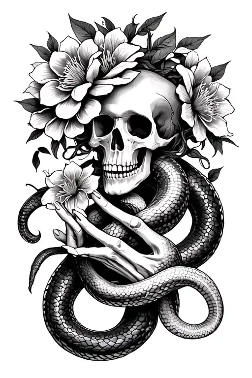 flowers, Medusa, skeleton hand holding snake tattoo design idea