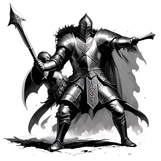 a knight fighting a viking but its a brutal and equal battle tattoo design idea