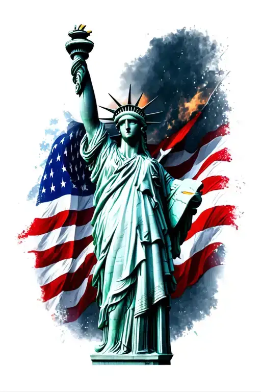 dark eagle and statue of liberty in front of dark us flag tattoo design idea