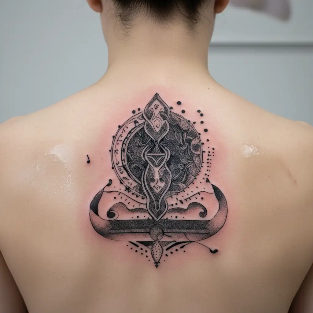 A self-love mantra written in musical notes tattoo design idea