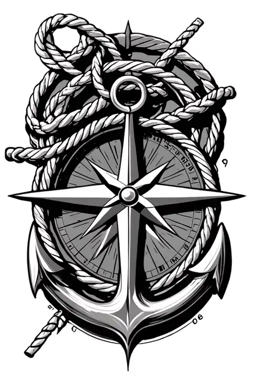 compass directions symbolizing with ship anchor with rope in middle of it. tattoo design idea