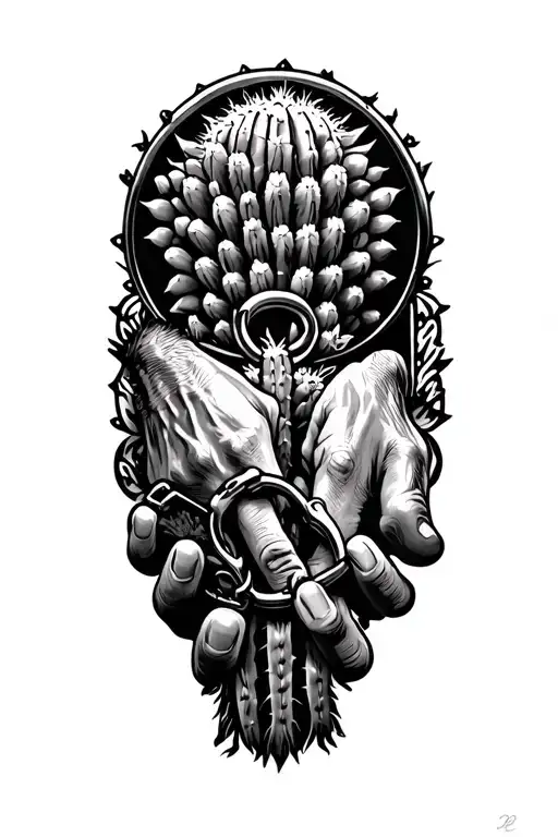 saguaro cactus in hand cuffs tattoo design idea