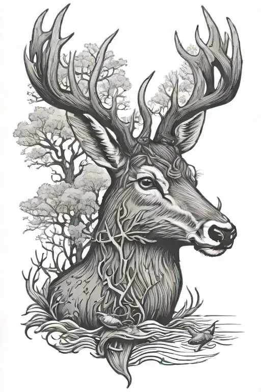 cross, deer, fishing hunting tattoo design idea