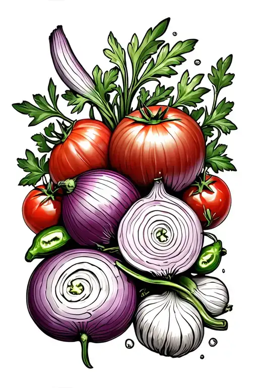 onions, tomatoes, jalapeños, garlic, and cilantro in a bunch tattoo design idea