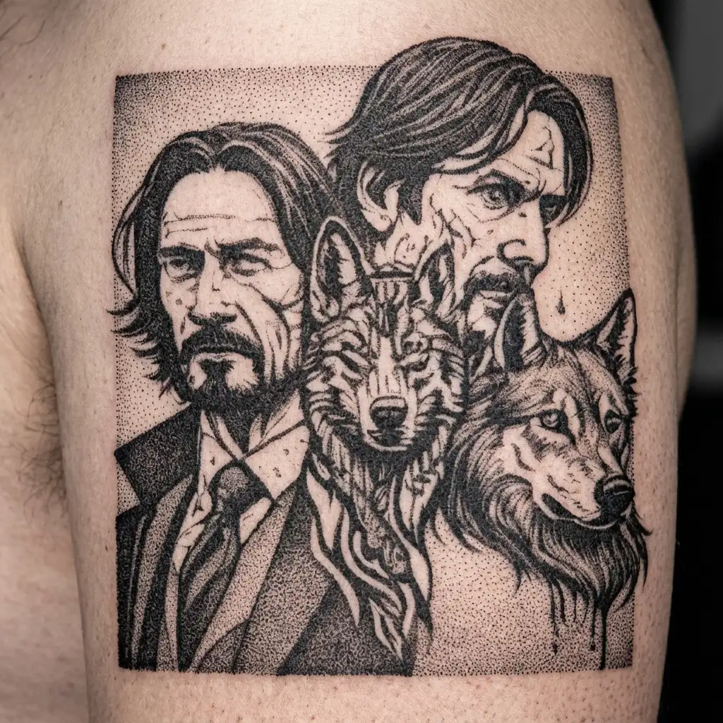 A stylized John Wick portrait with a wolf companion in a dotwork style tattoo design idea