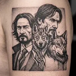 A stylized John Wick portrait with a wolf companion in a dotwork style tattoo design idea