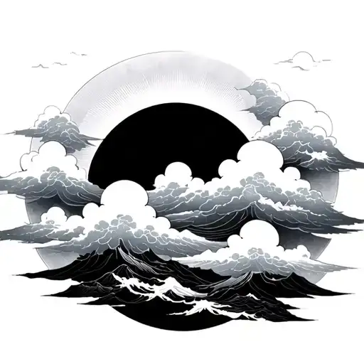 Japanese clouds with black sun tattoo design idea
