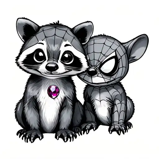 racoons, stitch rhe chatchter, with spiderman and july  birthstone october birth stone and auguat birth stones tattoo design idea