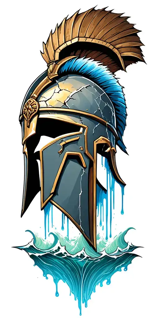 spartan helmet with cracks from battle as well as tears flowing from warriors face into a turbulent ocean transitioning  tattoo design idea