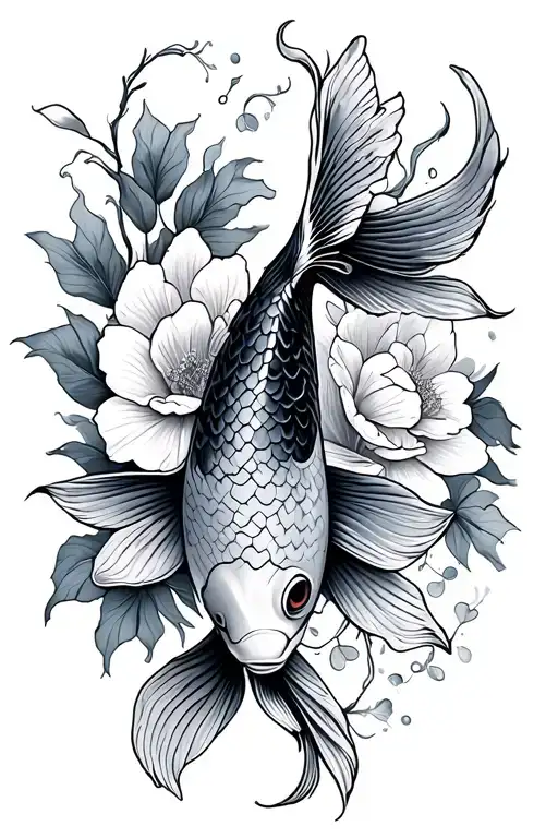 koi fish with flowers tattoo design idea