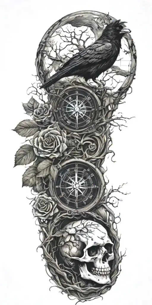 skull, 2 ravens, a rose, tree beach nest mixed hour glass compass dark death tattoo design idea
