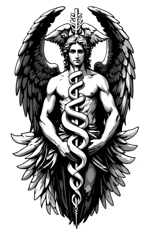 arch angel Raphael holding a caduceus symbol tattoo design idea