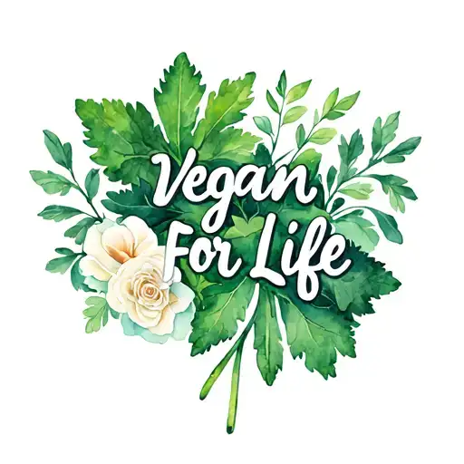 Embed the text "Vegan for Life" with leaves from cilantro, rose, and jasmine plants tattoo design idea