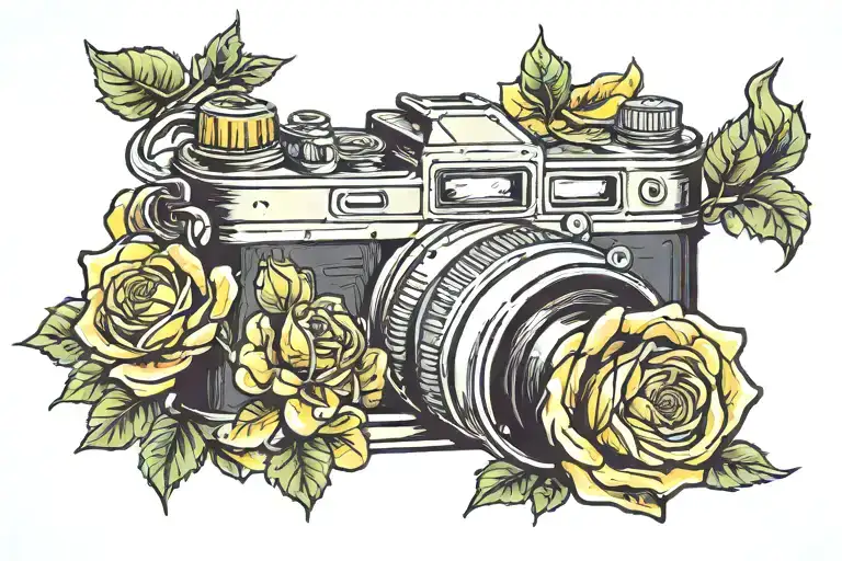 camera with yellow traditional roses wrapped tattoo design idea