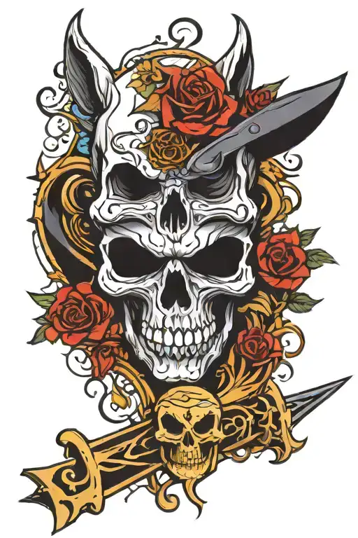 skull and pisces above chainsawman demon fox. eye symbol integrated tattoo design idea