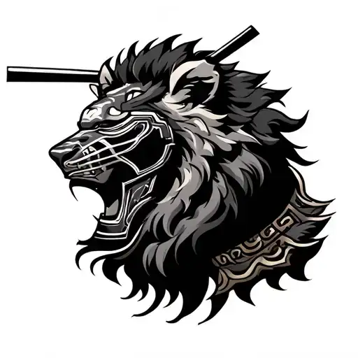 lion wearing samurai mask tattoo design idea