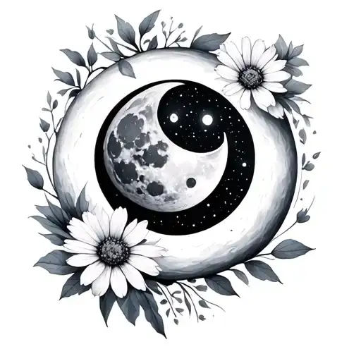 Waxing Gibbous and waxing crescent moon phase with cosmos flower petals tattoo design idea