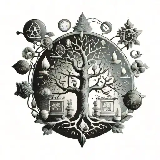 A stylized family tree intertwined with pharmaceutical symbols, representing the importance of family and the pharmacist's profession tattoo design idea