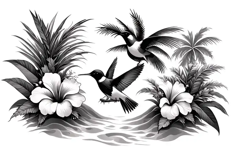 hibiscus, frangipanier, Palm sand and colibri flying tattoo design idea