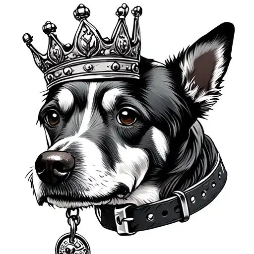 grayish dog collar danginling on prince crown tattoo design idea