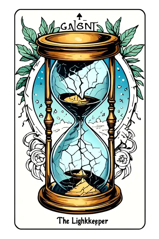 A tattoo-style illustration of a mystical tarot card titled “The Lightkeeper”. The centerpiece is a cracked hourglass wi tattoo design idea