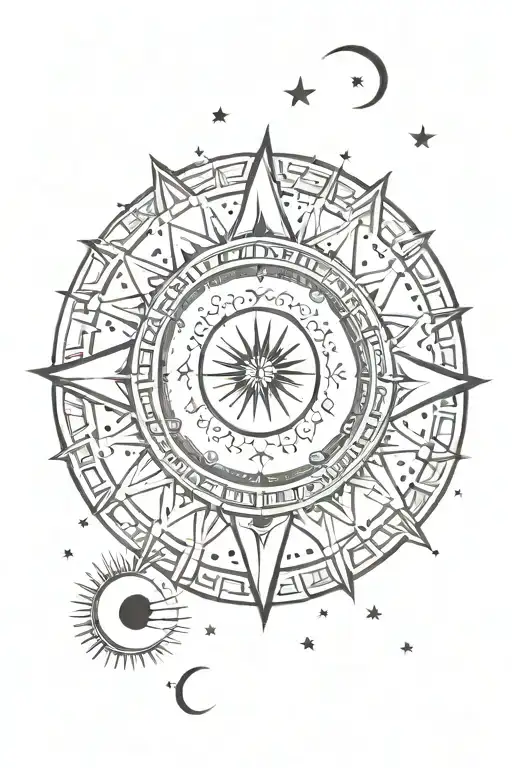 bohemian sun and 3 moon phases surrounded with tiny stars. celestial scene tattoo design idea