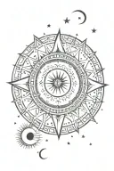 bohemian sun and 3 moon phases surrounded with tiny stars. celestial scene tattoo design idea