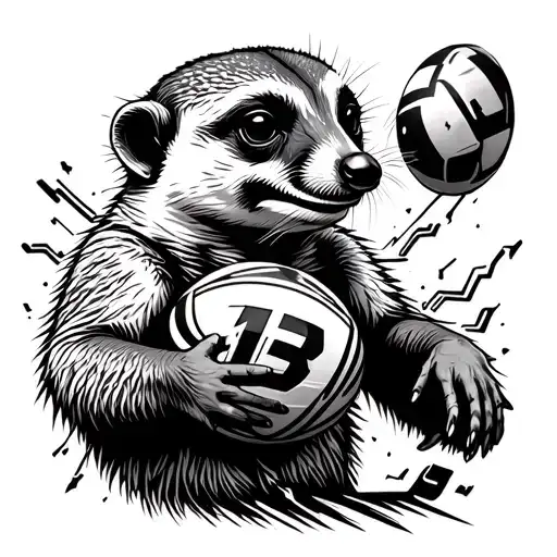Fusion of a meerkat playing rugby with electrical details tattoo design idea